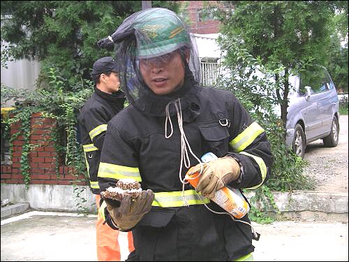 제거한 벌집을 구조대원이 들어 보이고 있습니다. 